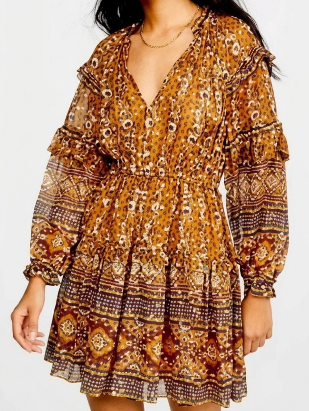 House Of Harlow 1960 Boho Floral Rust Brown Gold Sparkle Ruffle Dress Medium